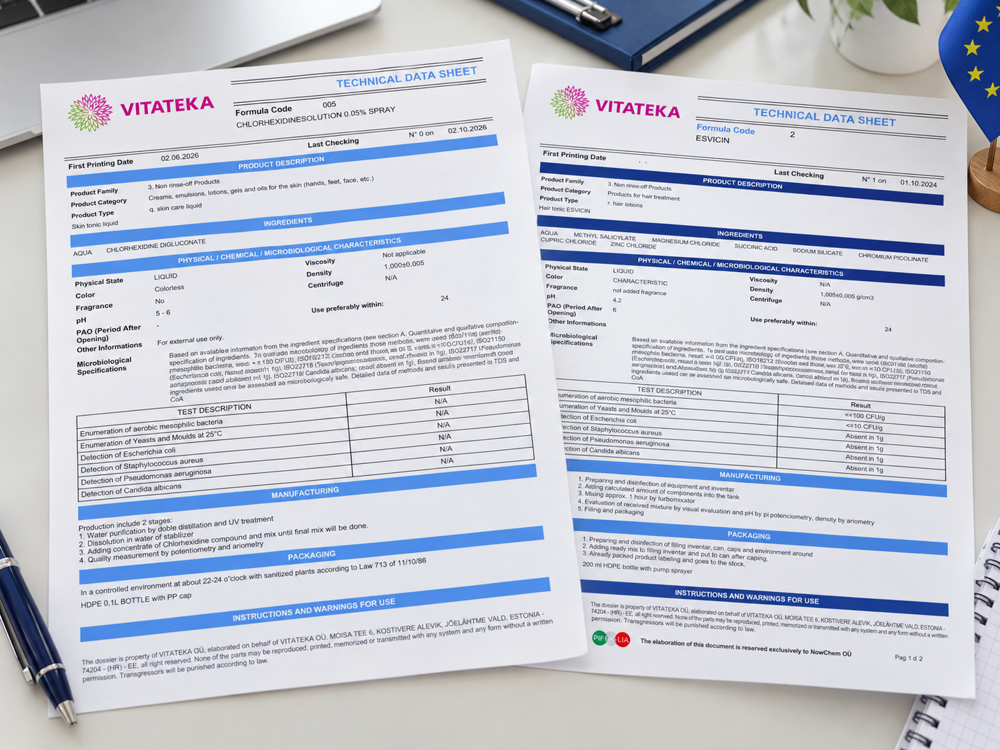 Technical data sheets with product specifications and documentation
