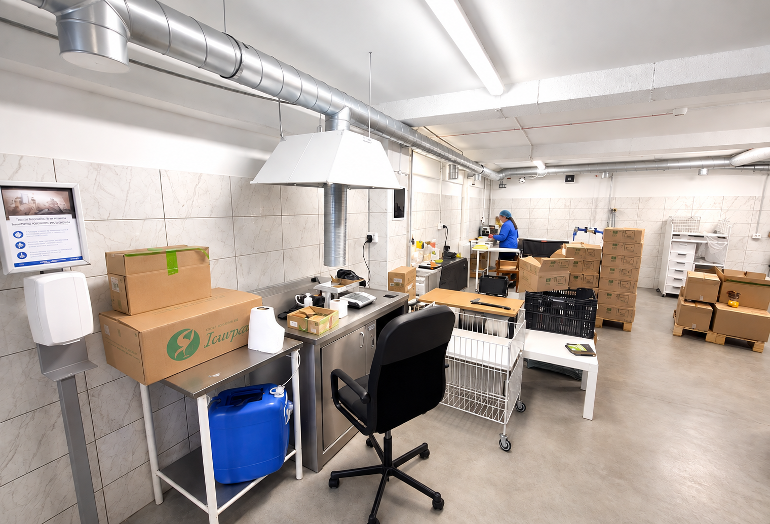 The team at workbenches in the packaging area
